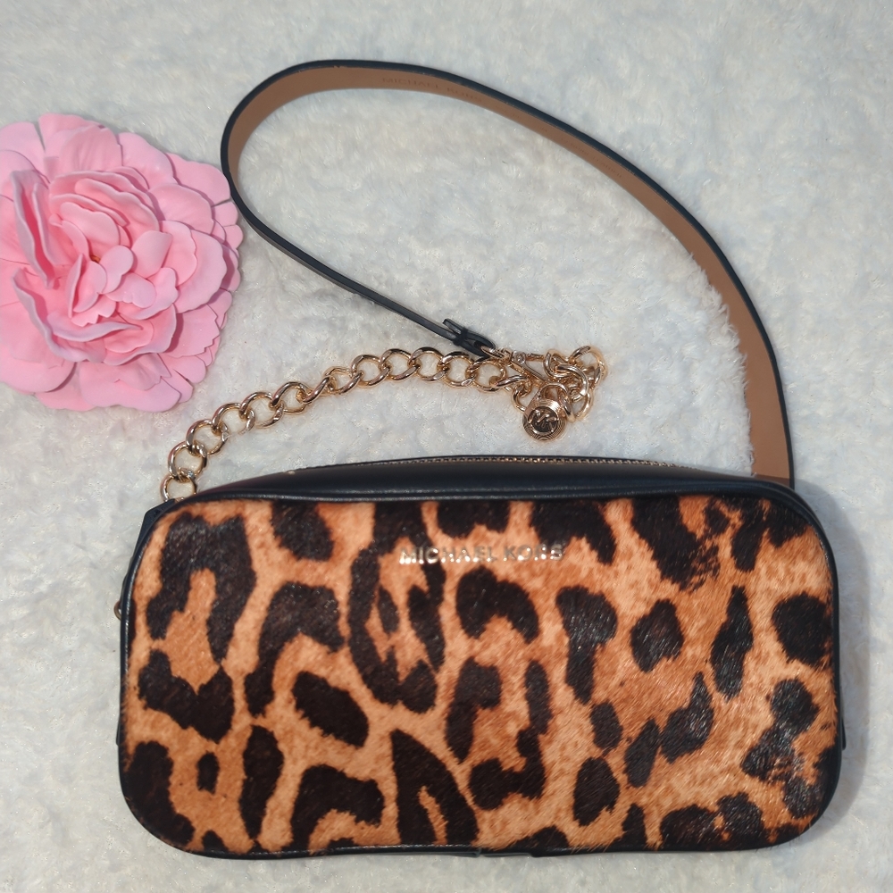 Michael Kors Genuine Leather And Calf Hair Leopard Belt Bag Gold Lock Hardware